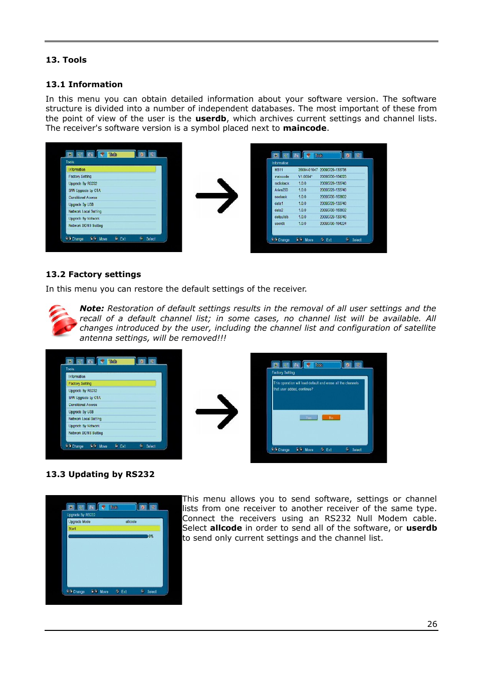 Tools, 1 information, 2 factory settings | 3 updating by rs232 | Ferguson Ariva 120Combo User Manual | Page 26 / 45