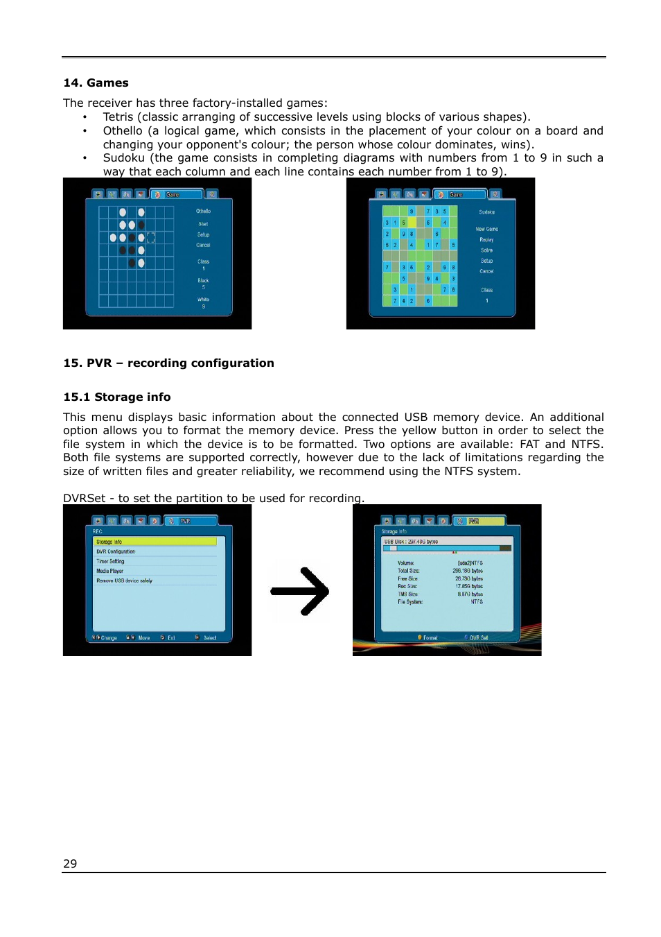 Games, Pvr – recording configuration, 1 storage info | Ferguson Ariva 120Combo User Manual | Page 29 / 45