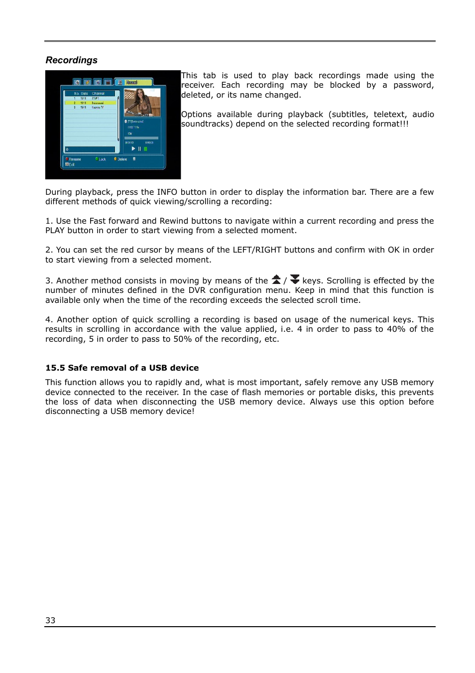 Recordings, 5 safe removal of a usb device | Ferguson Ariva 120Combo User Manual | Page 33 / 45