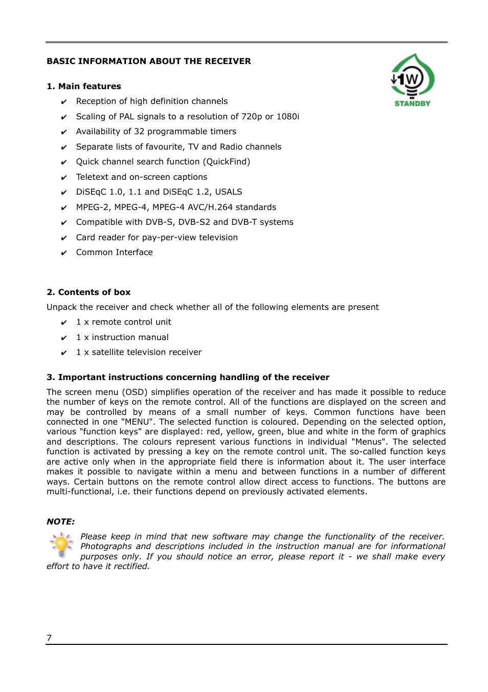 Basic information about the receiver, Main features, Contents of box | Ferguson Ariva 120Combo User Manual | Page 7 / 45