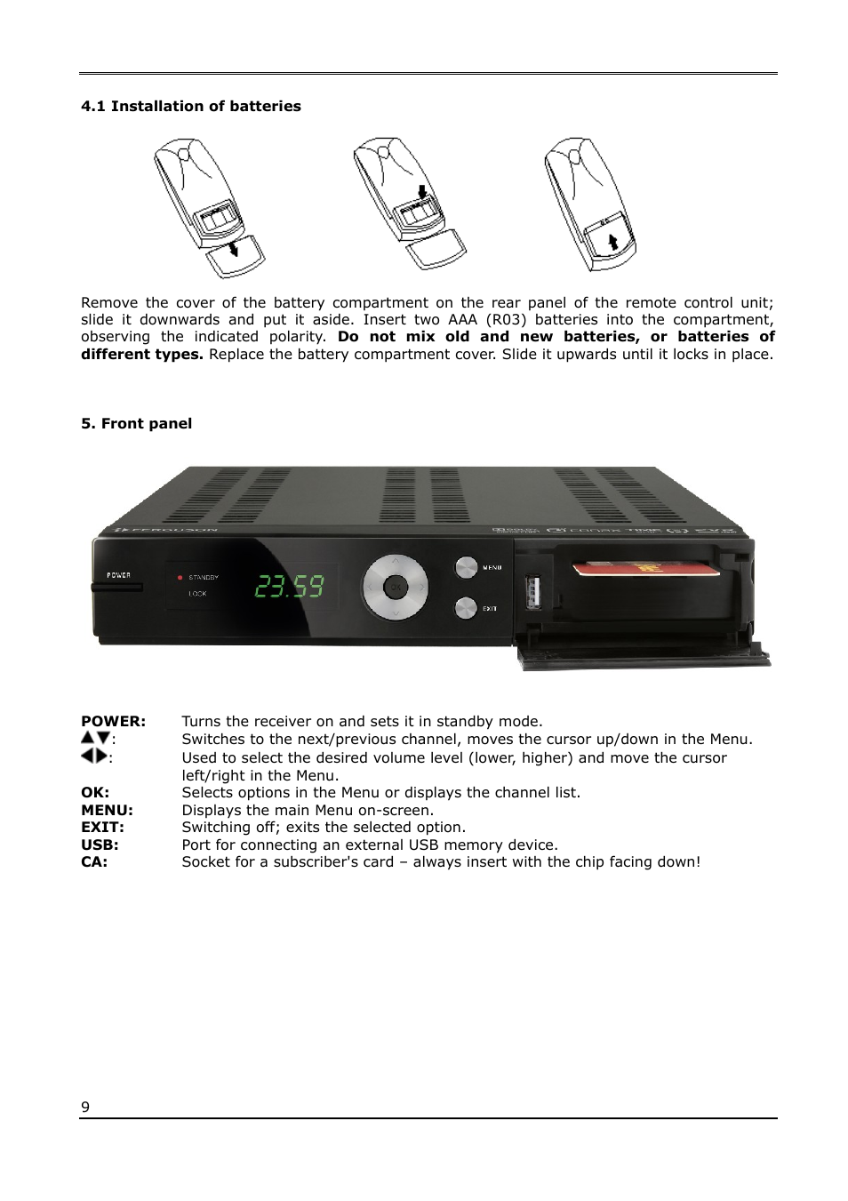 1 installation of batteries, Front panel | Ferguson Ariva 120Combo User Manual | Page 9 / 45