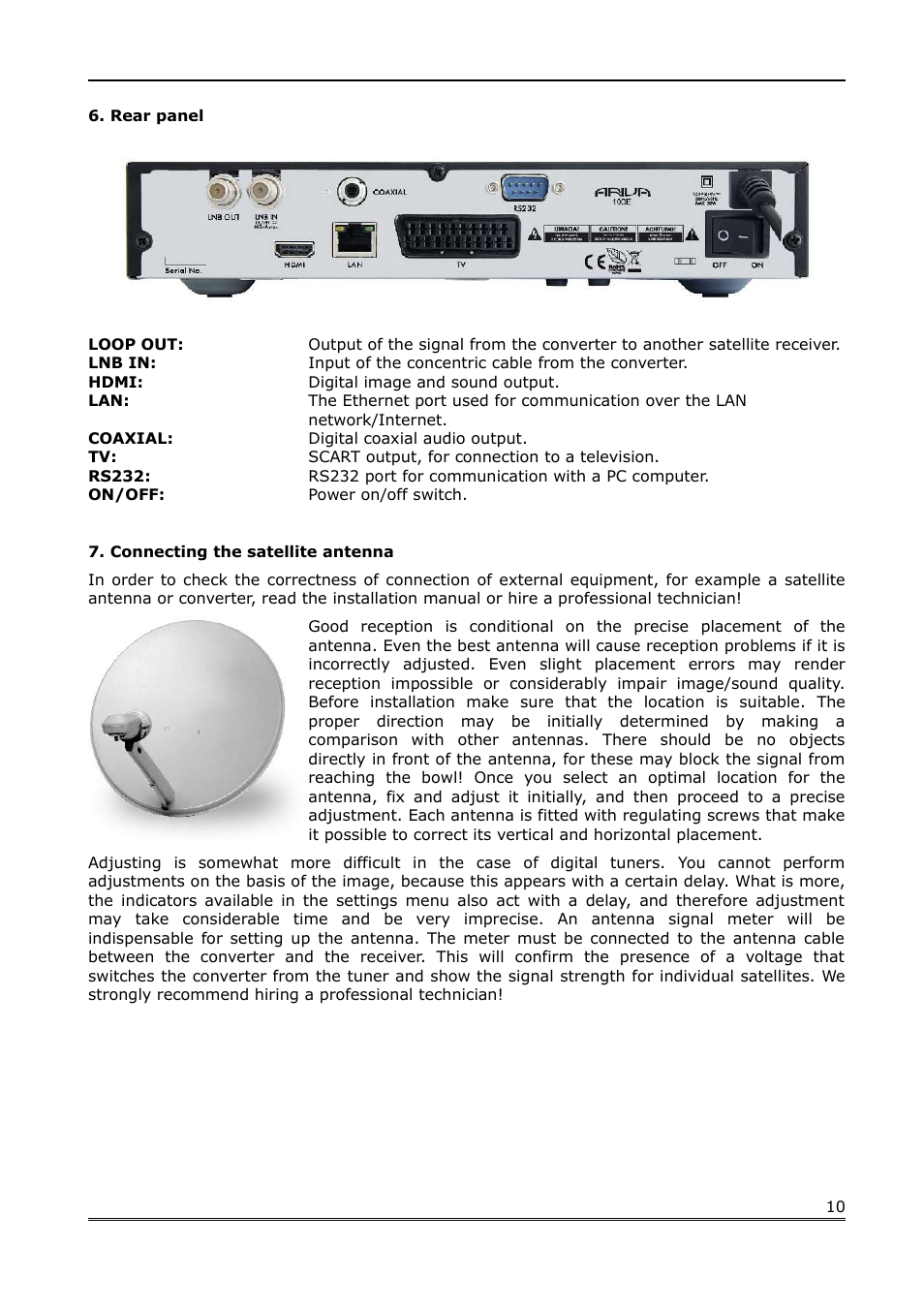 Rear panel, Connecting the satellite antenna | Ferguson Ariva 100E User Manual | Page 10 / 41