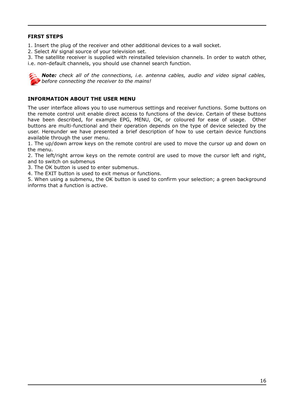 First steps, Information about the user menu | Ferguson Ariva 100E User Manual | Page 16 / 41