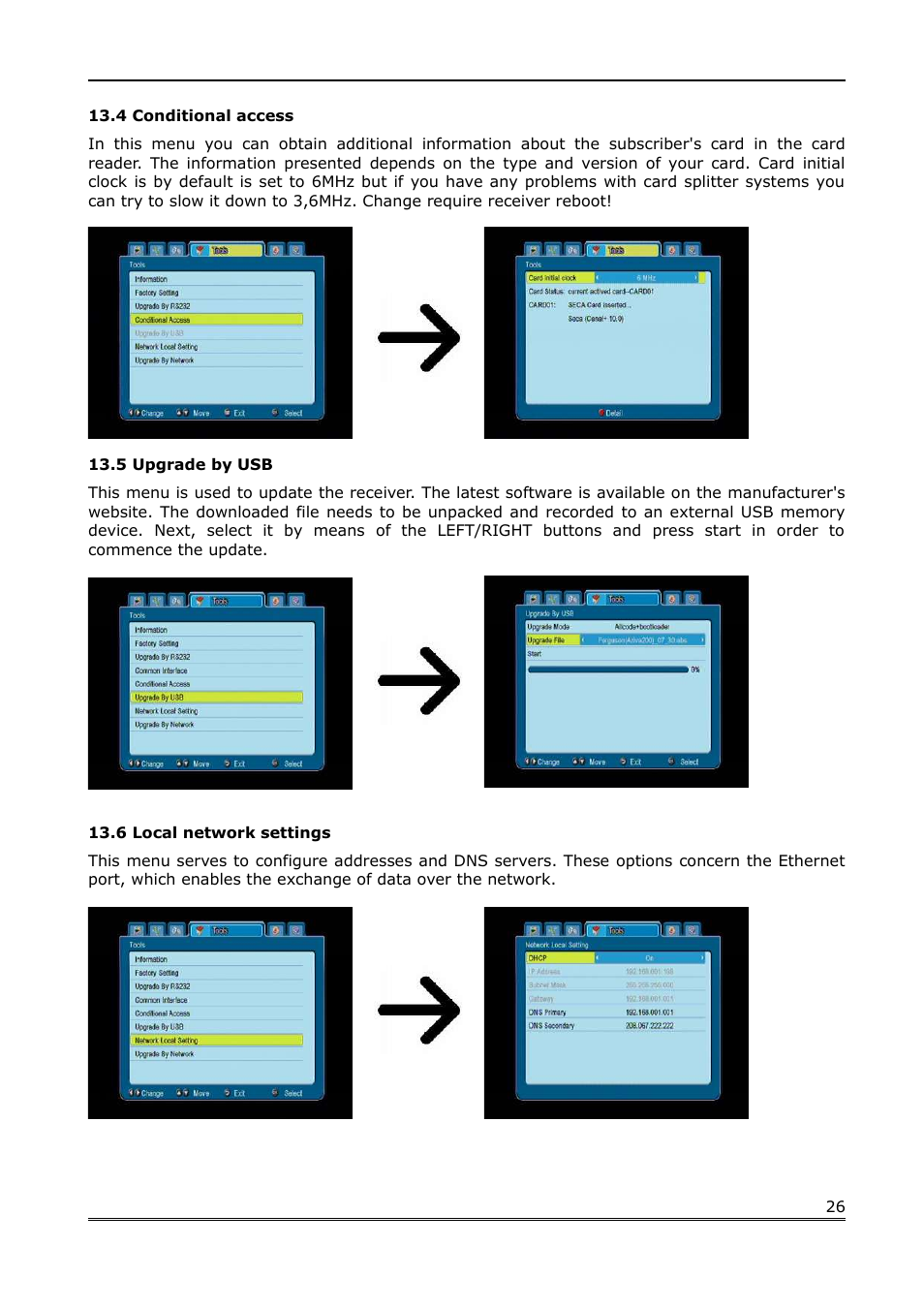 4 conditional access, 5 upgrade by usb, 6 local network settings | Ferguson Ariva 100E User Manual | Page 26 / 41