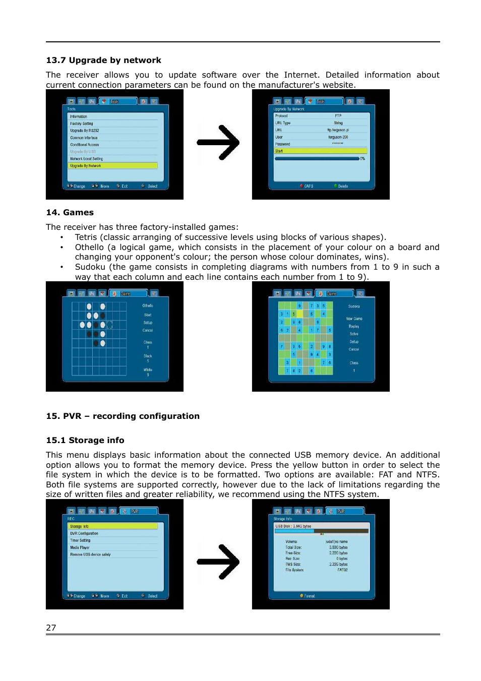7 upgrade by network, Games, Pvr – recording configuration | 1 storage info | Ferguson Ariva 100E User Manual | Page 27 / 41