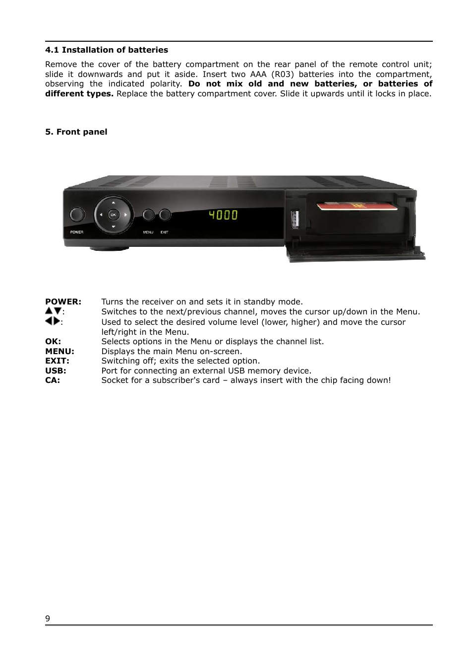 1 installation of batteries, Front panel | Ferguson Ariva 100E User Manual | Page 9 / 41