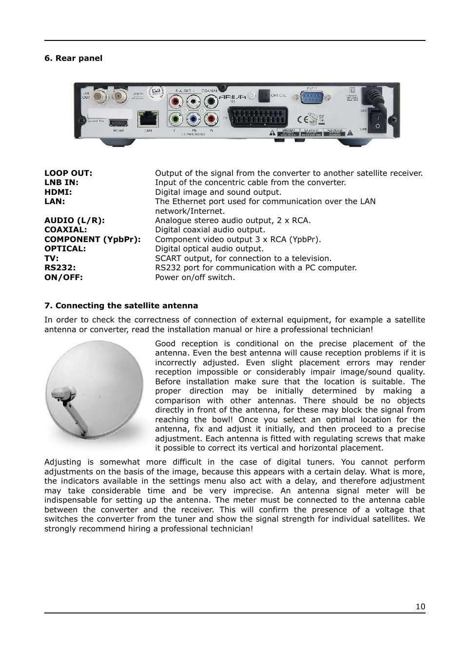 Rear panel, Connecting the satellite antenna | Ferguson Ariva 100 User Manual | Page 10 / 41