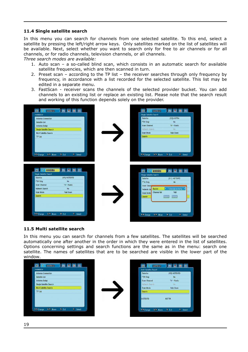 4 single satellite search, 5 multi satellite search | Ferguson Ariva 100 User Manual | Page 19 / 41