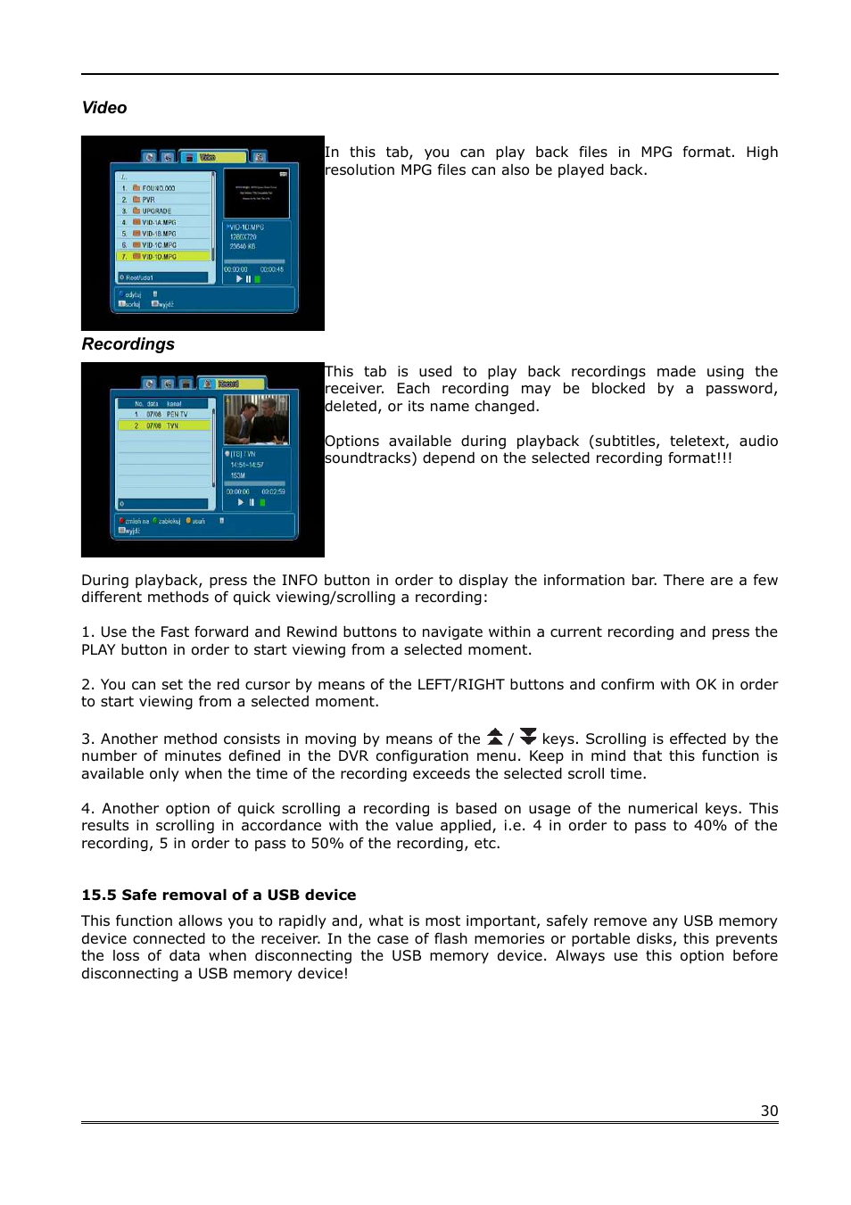 Video, Recordings, 5 safe removal of a usb device | Ferguson Ariva 100 User Manual | Page 30 / 41