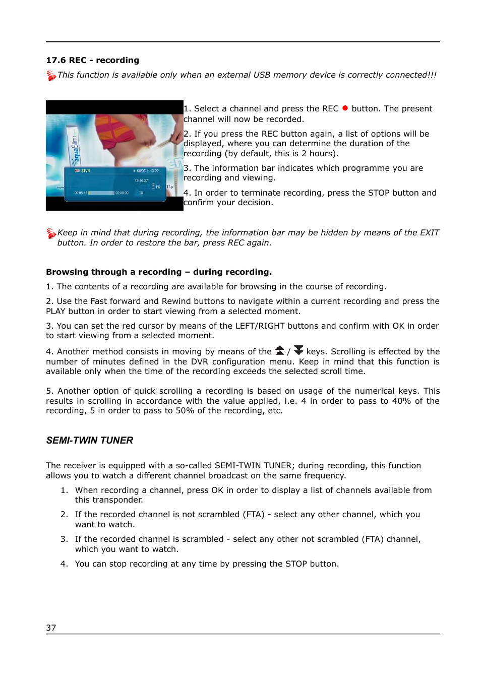 6 rec - recording, Semi-twin tuner | Ferguson Ariva 100 User Manual | Page 37 / 41