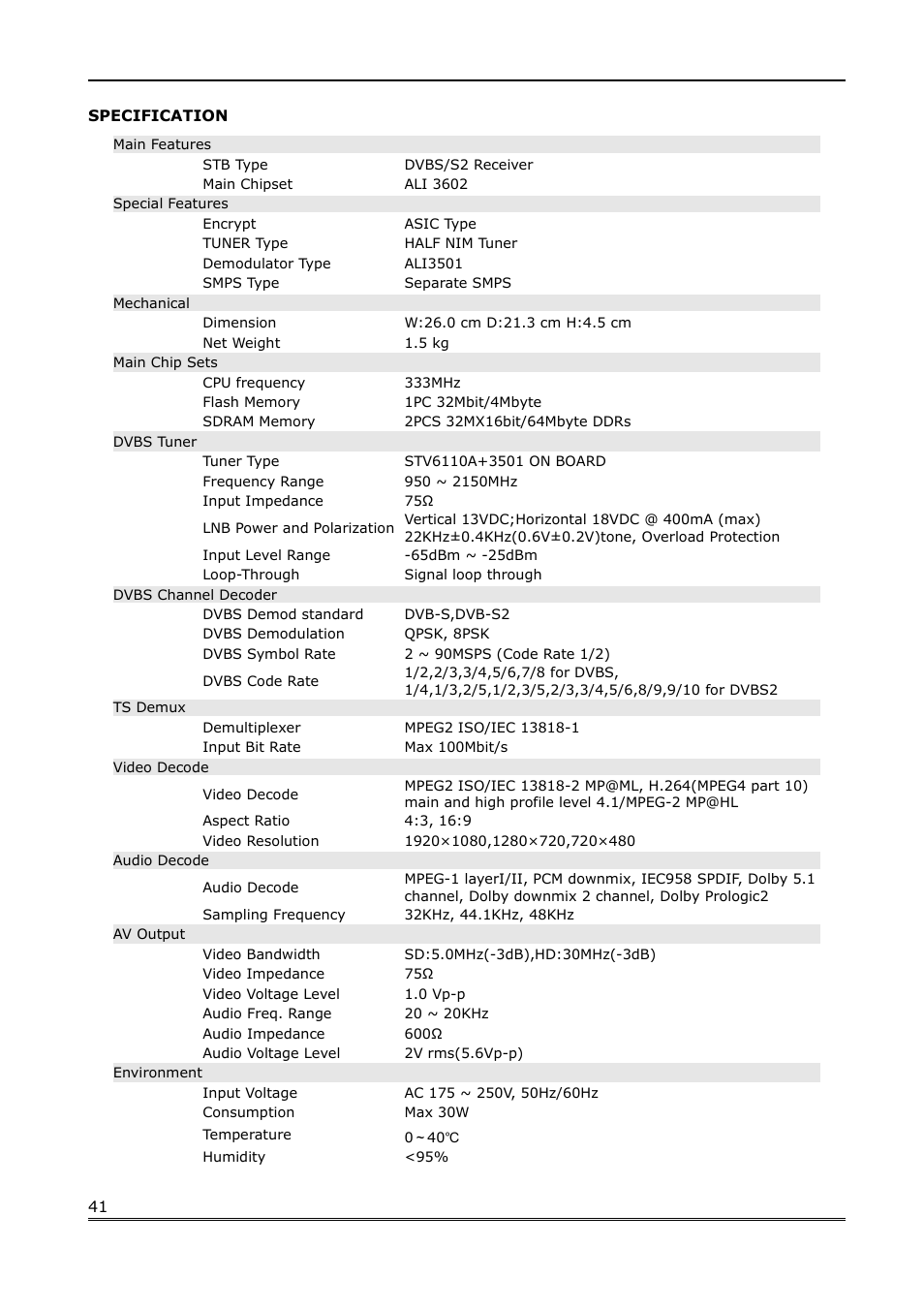 Specification | Ferguson Ariva 100 User Manual | Page 41 / 41
