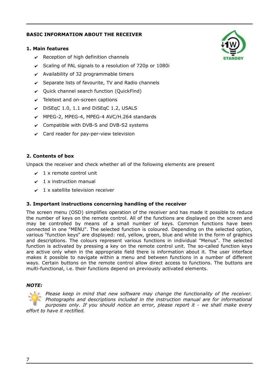 Basic information about the receiver, Main features, Contents of box | Ferguson Ariva 100 User Manual | Page 7 / 41