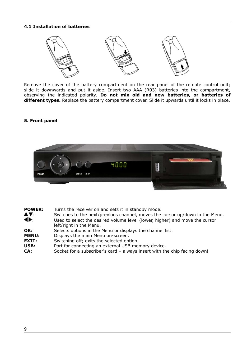 1 installation of batteries, Front panel | Ferguson Ariva 100 User Manual | Page 9 / 41