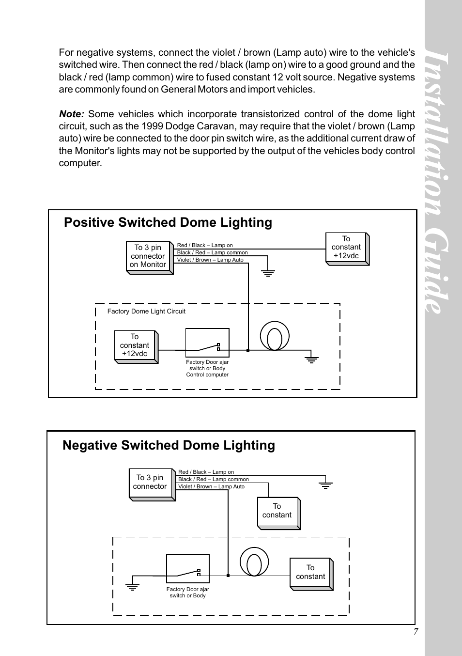 Negative switched dome lighting, Positive switched dome lighting | Audiovox MOVIES 2 GO MMD850 User Manual | Page 7 / 8