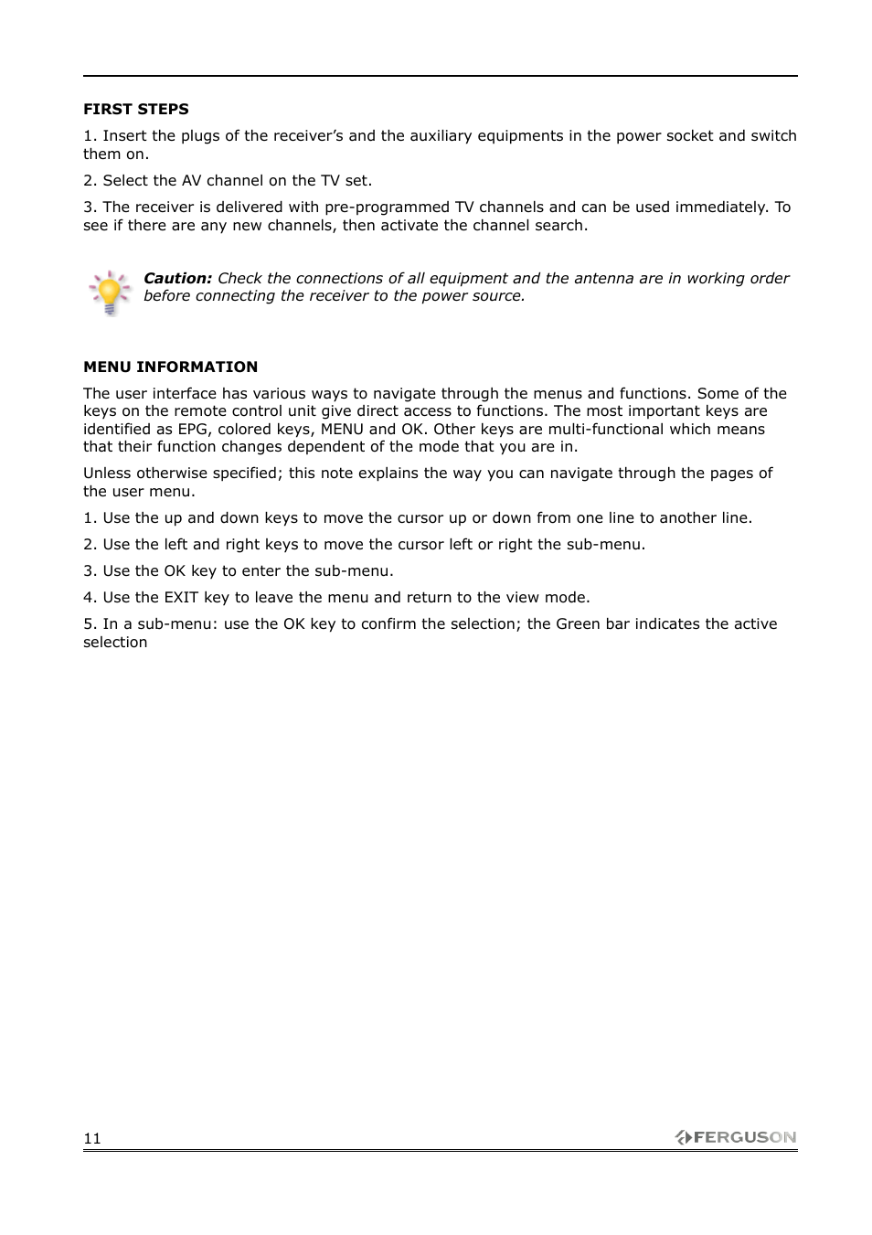 First steps, Menu information | Ferguson FK-1000 User Manual | Page 11 / 28