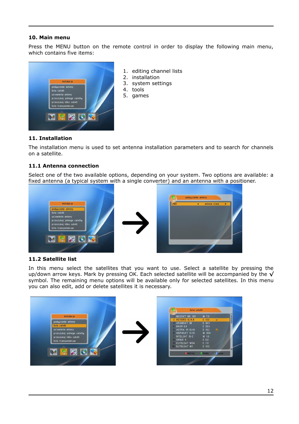 Main menu, Installation, 1 antenna connection | 2 satellite list | Ferguson FK-1000 User Manual | Page 12 / 28