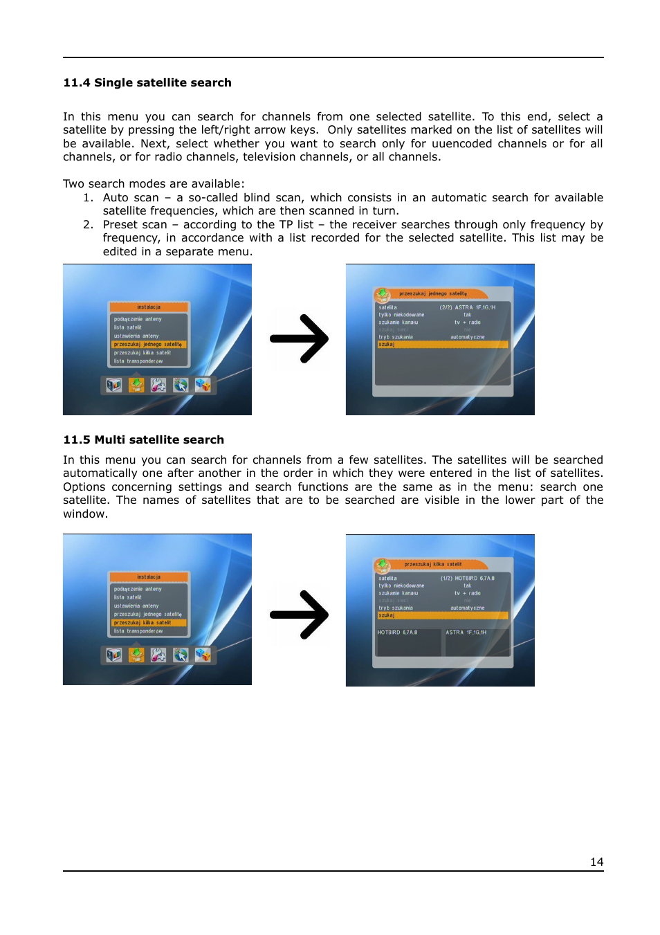4 single satellite search, 5 multi satellite search | Ferguson FK-1000 User Manual | Page 14 / 28