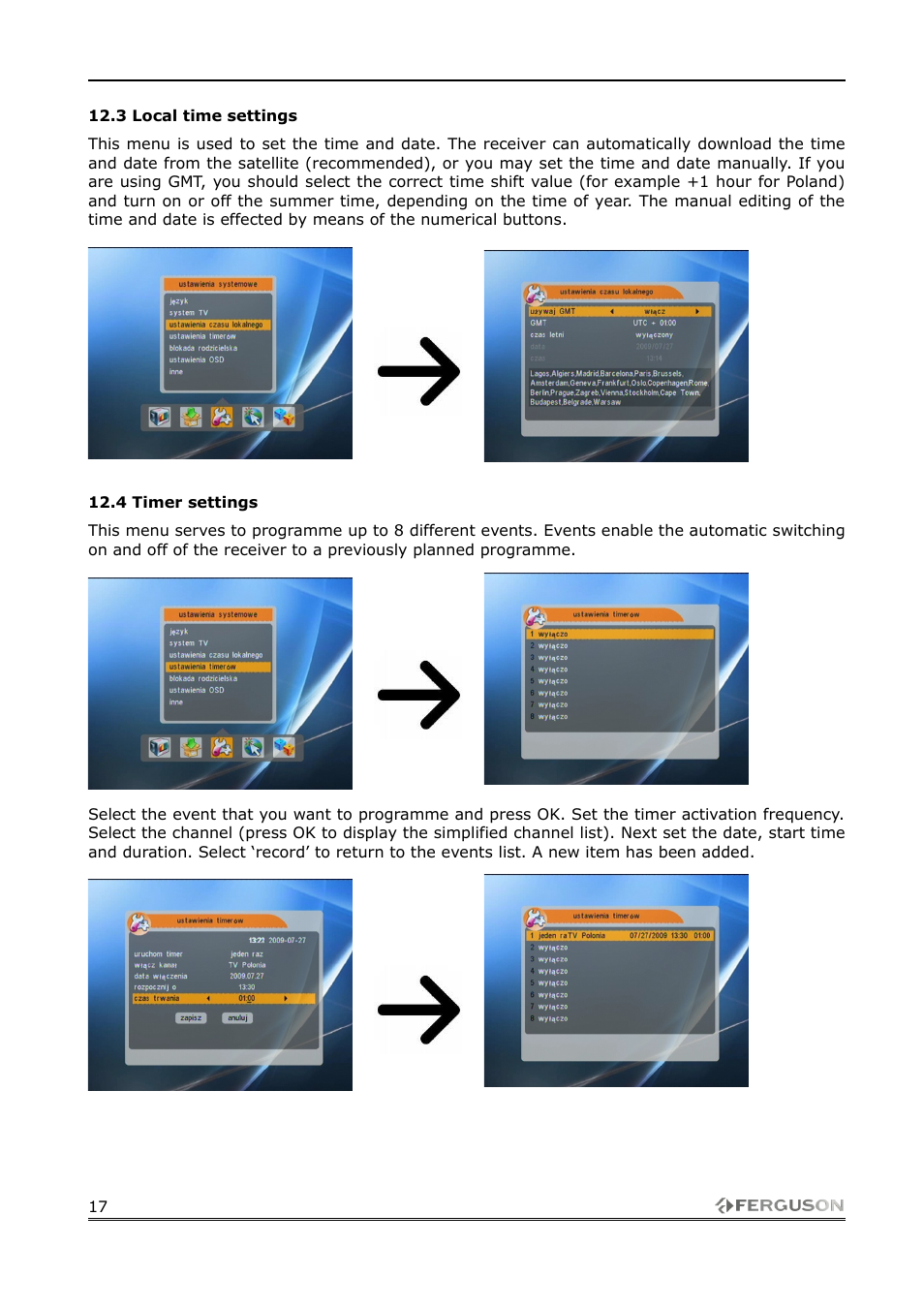 3 local time settings, 4 timer settings | Ferguson FK-1000 User Manual | Page 17 / 28