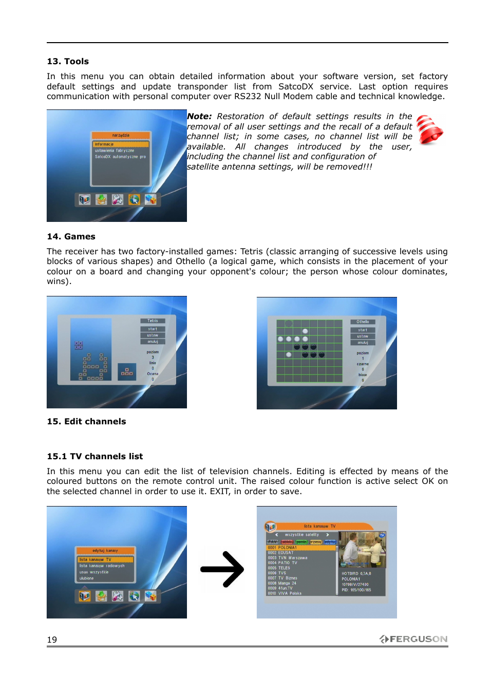 Tools, Games, Edit channels | 1 tv channels list | Ferguson FK-1000 User Manual | Page 19 / 28