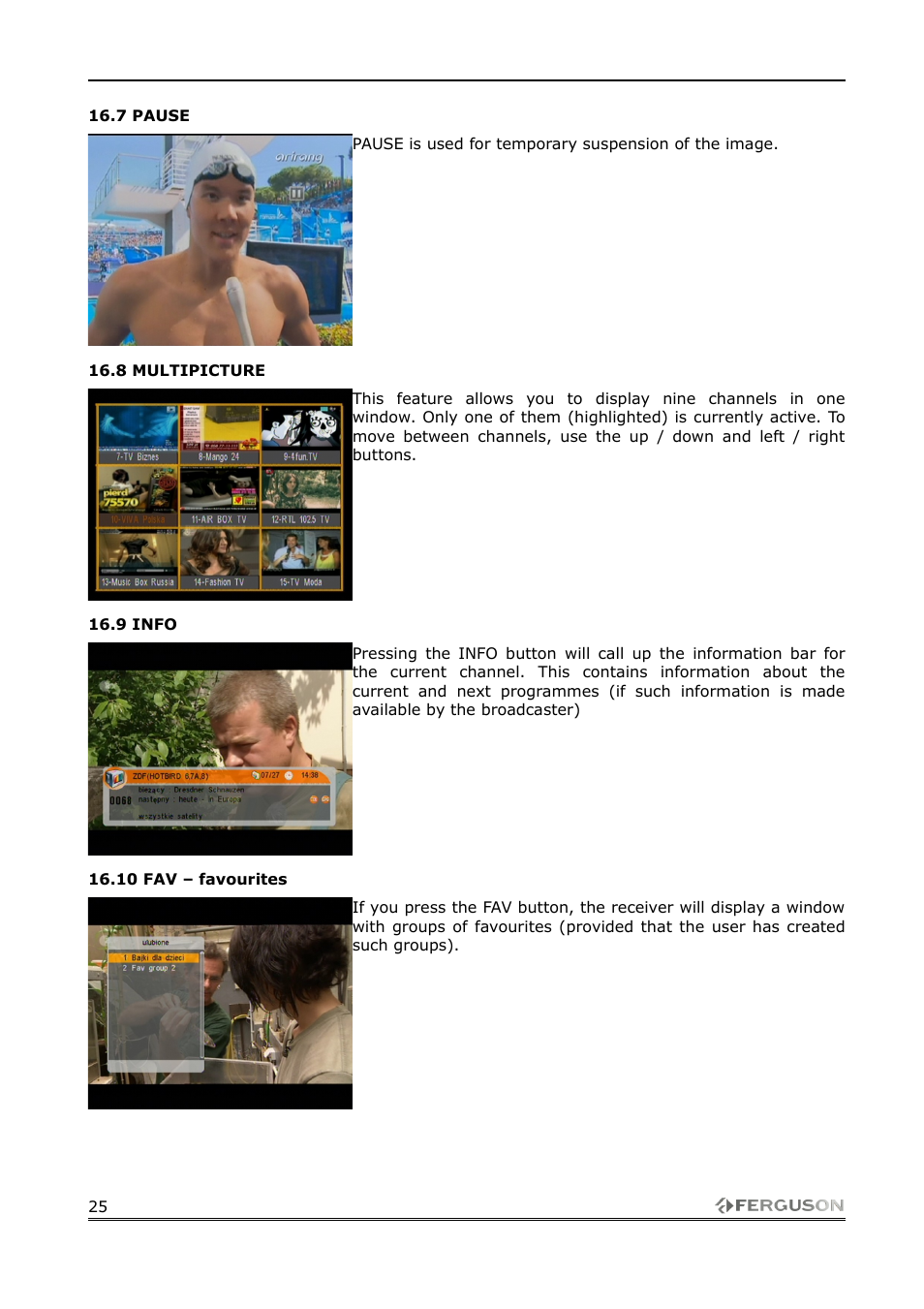 7 pause, 8 multipicture, 9 info | 10 fav – favourites | Ferguson FK-1000 User Manual | Page 25 / 28