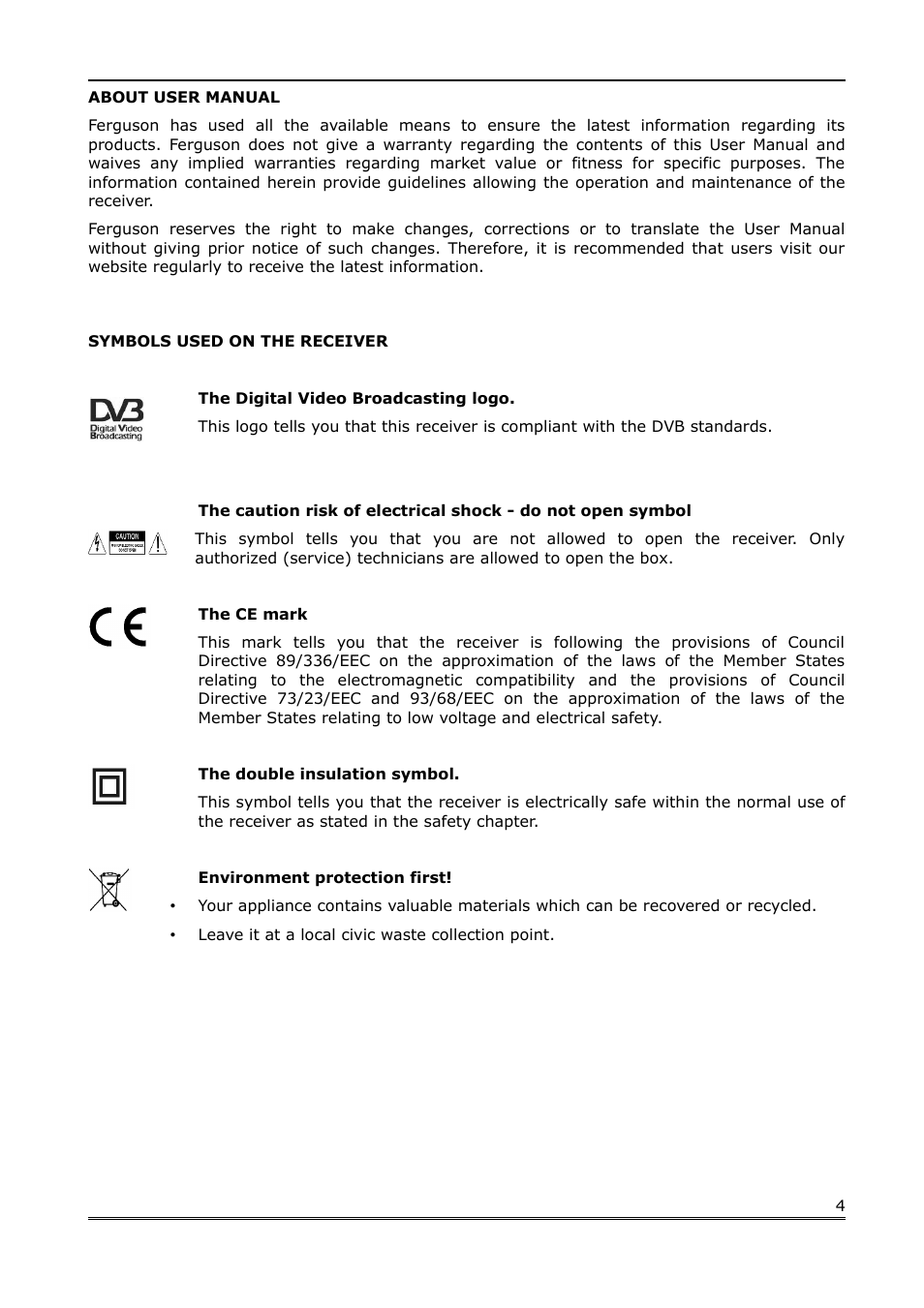 About user manual, Symbols used on the receiver | Ferguson FK-1000 User Manual | Page 4 / 28