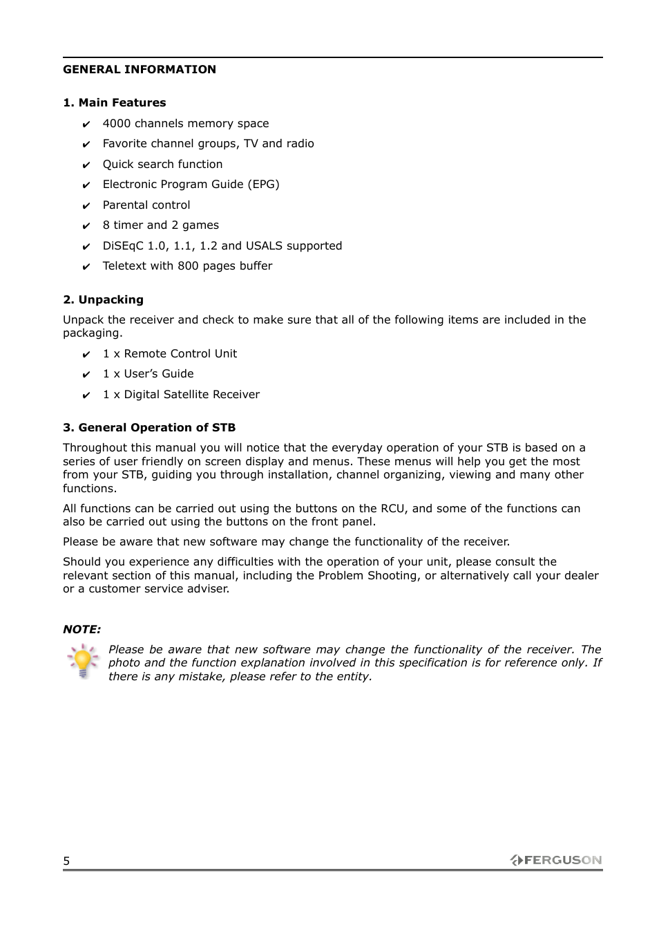 General information, Main features, Unpacking | General operation of stb | Ferguson FK-1000 User Manual | Page 5 / 28
