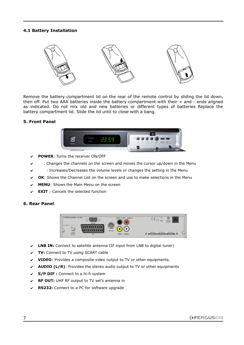1 battery installation, Front panel, Rear panel | Ferguson FK-1000 User Manual | Page 7 / 28