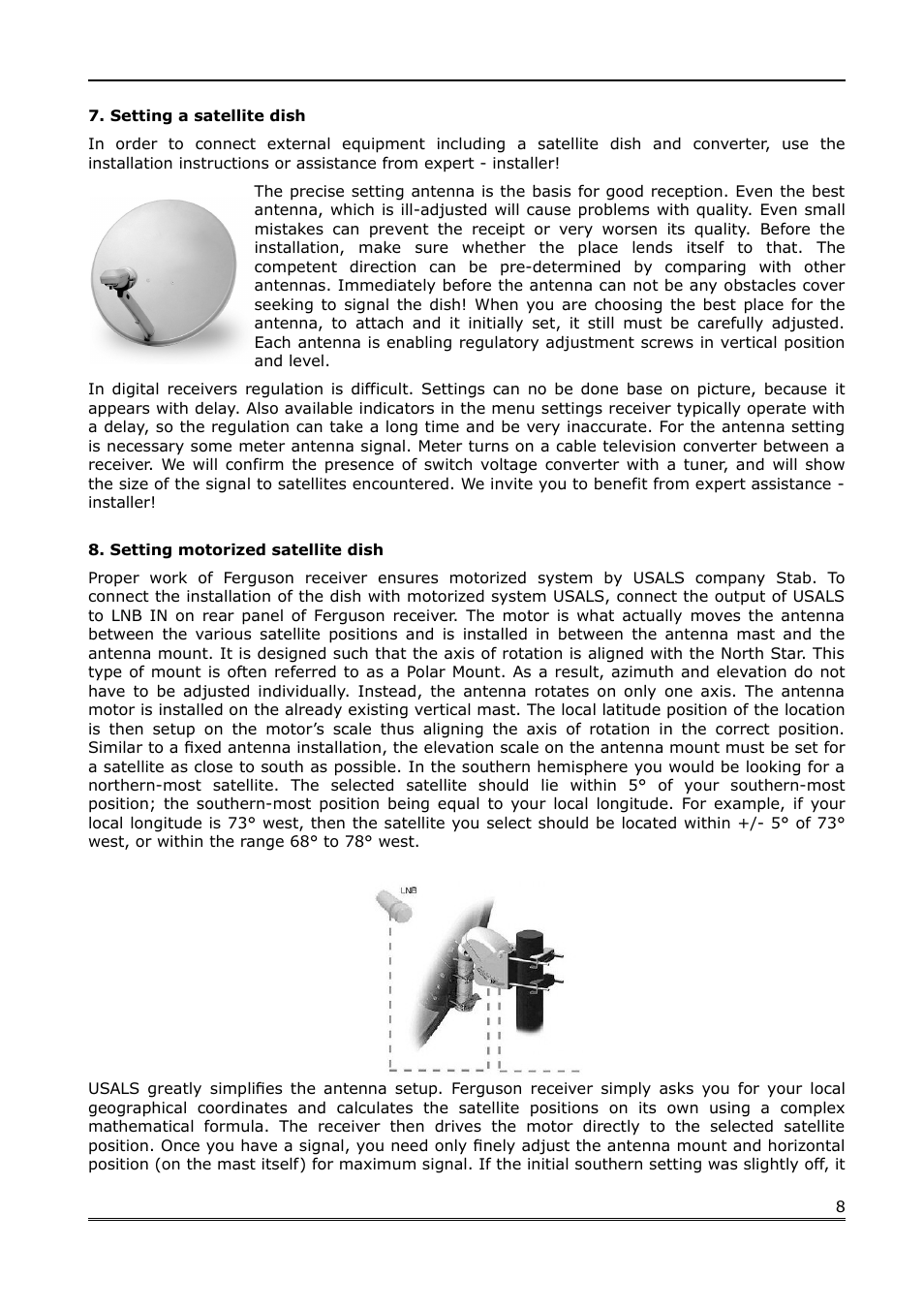 Setting a satellite dish, Setting motorized satellite dish | Ferguson FK-1000 User Manual | Page 8 / 28