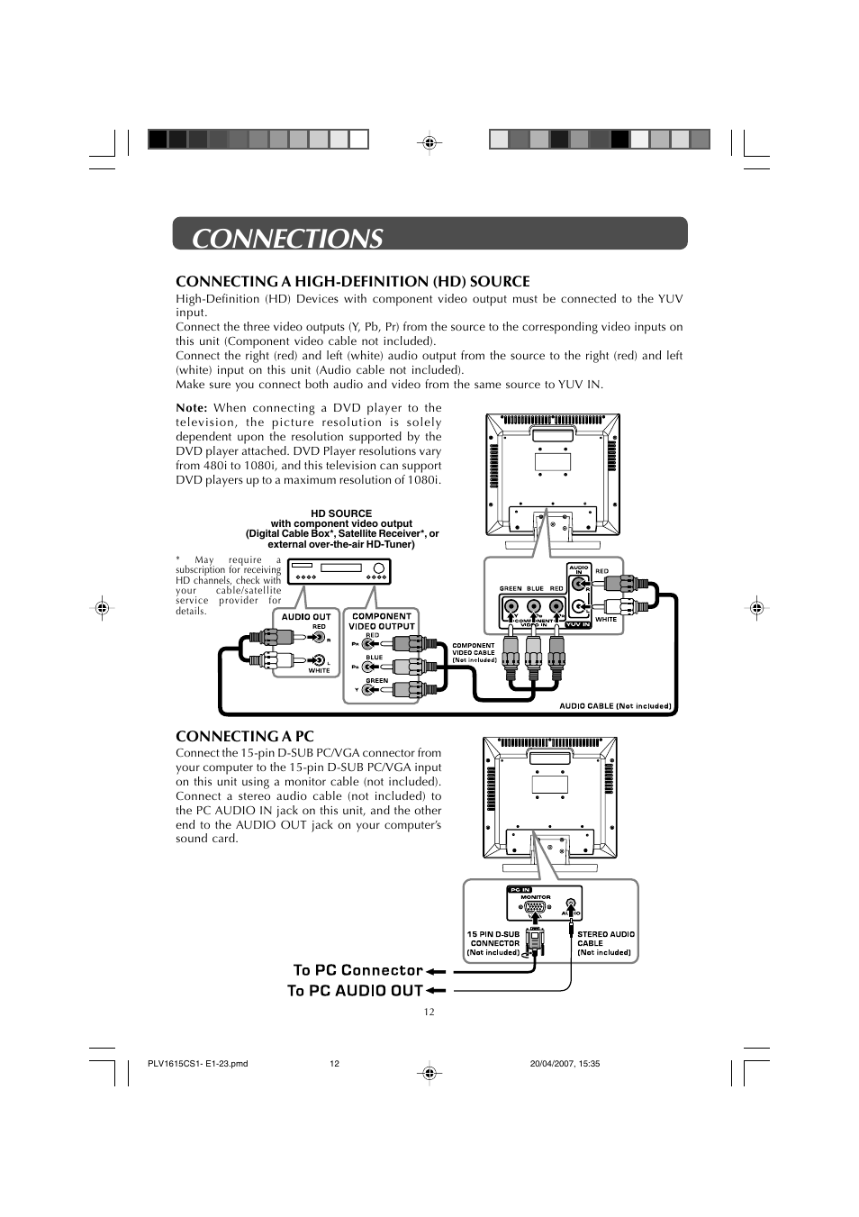 Connections, Connecting a pc, Connecting a high-definition (hd) source | Audiovox FPE1507 User Manual | Page 12 / 23