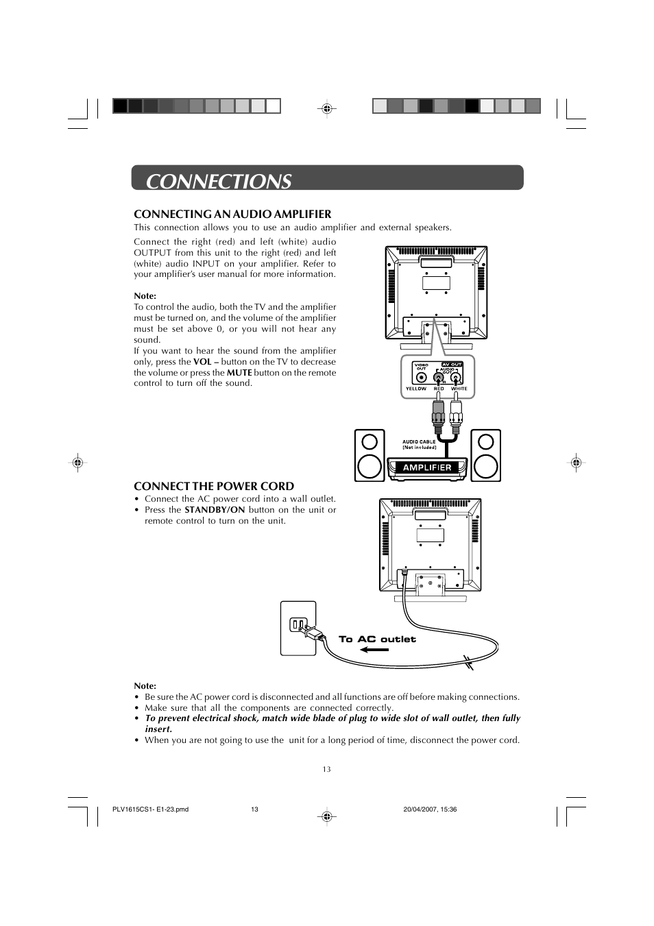 Connections, Connect the power cord, Connecting an audio amplifier | Audiovox FPE1507 User Manual | Page 13 / 23