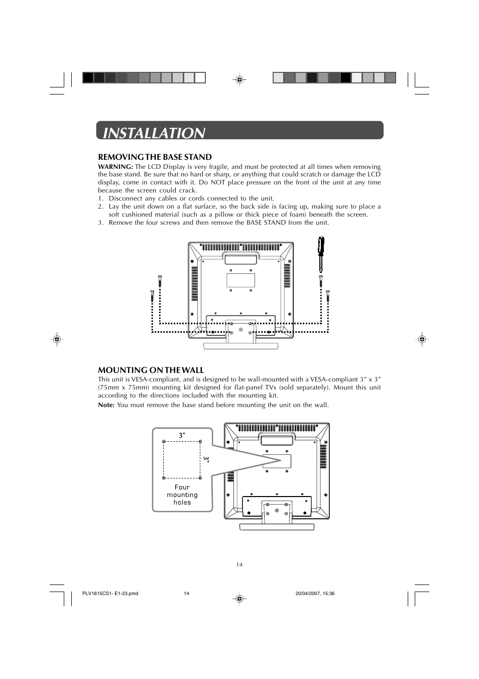 Installation | Audiovox FPE1507 User Manual | Page 14 / 23
