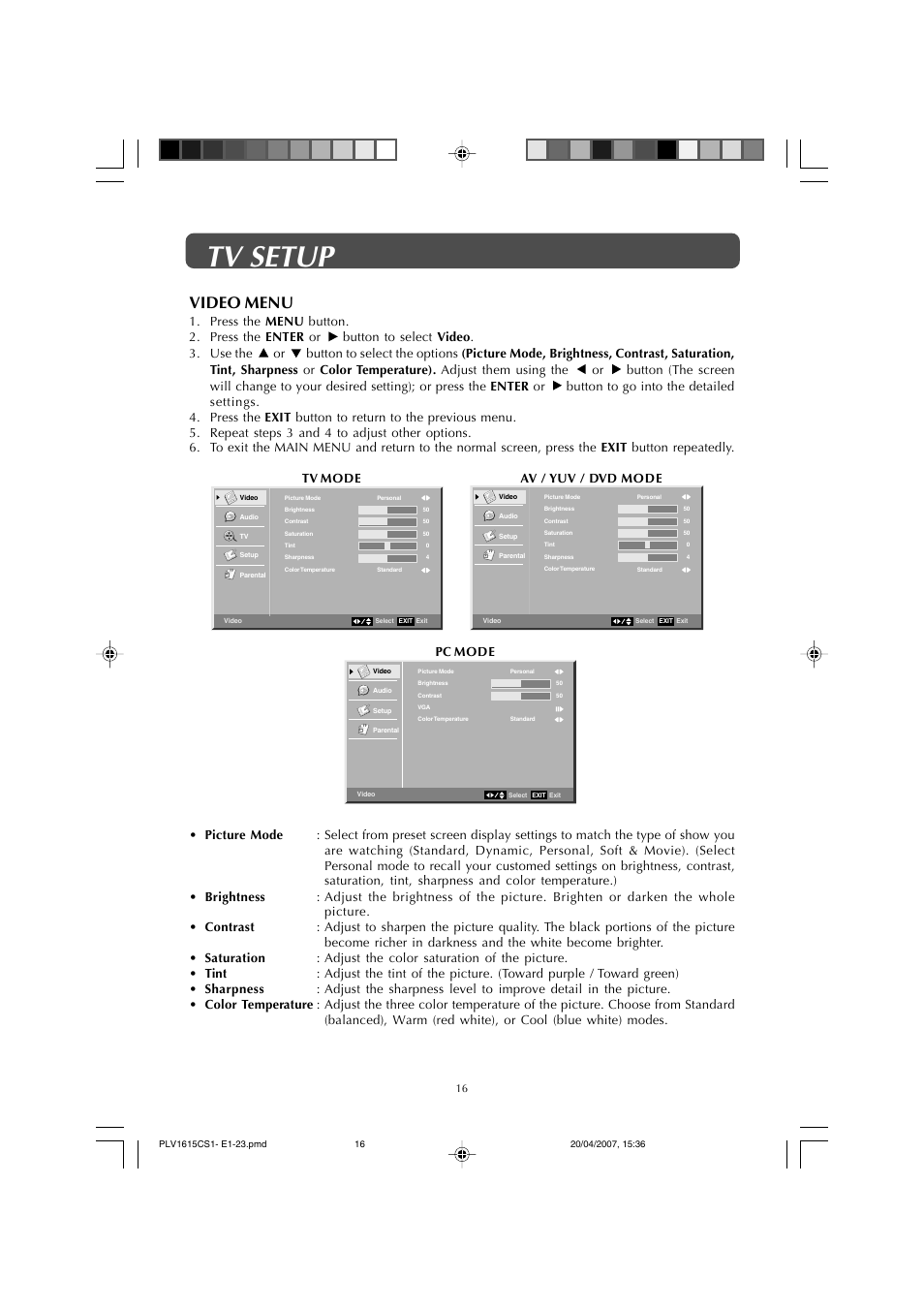 Tv setup, Video menu | Audiovox FPE1507 User Manual | Page 16 / 23