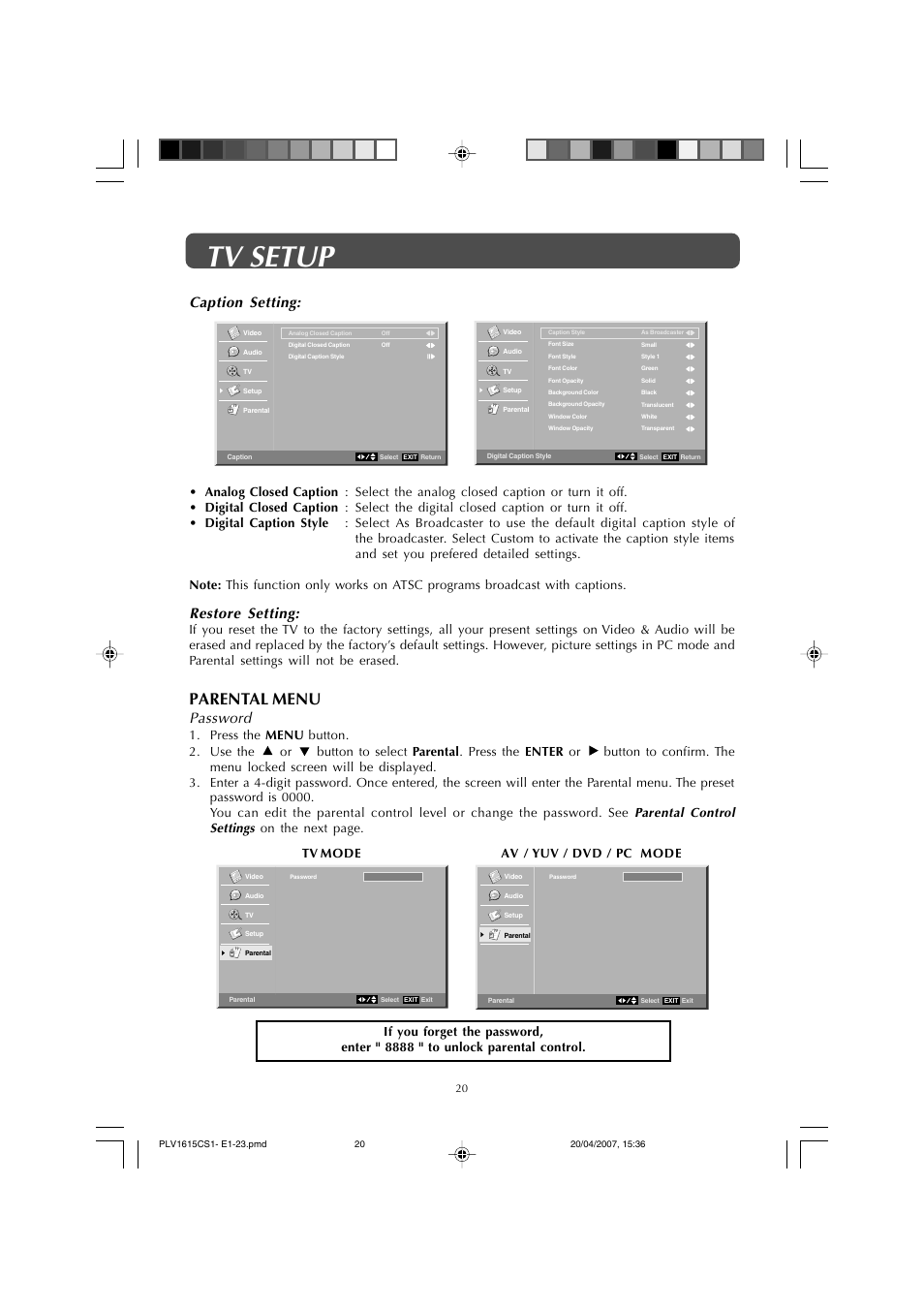 Tv setup, Parental menu, Password | Restore setting, Caption setting | Audiovox FPE1507 User Manual | Page 20 / 23