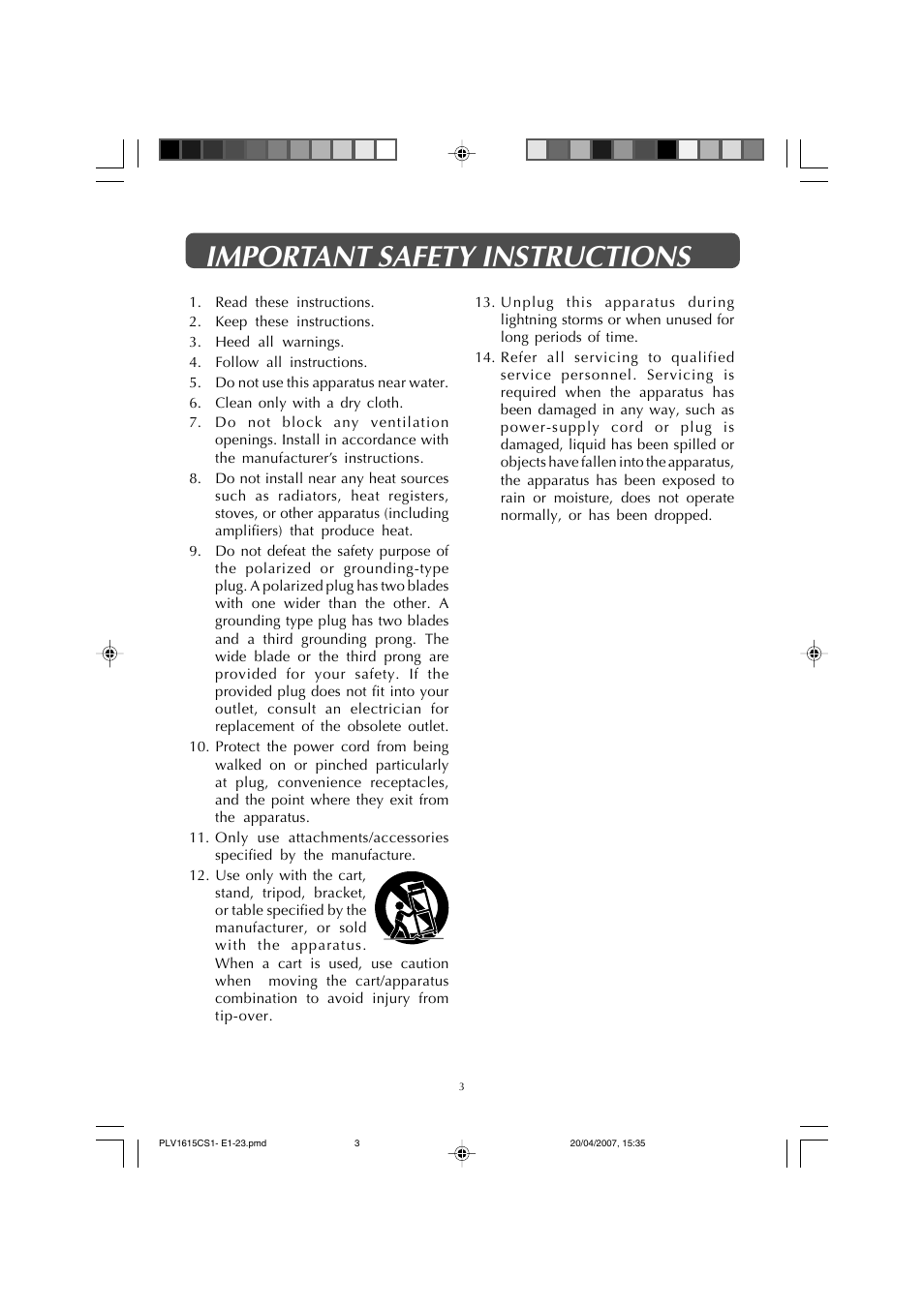 Important safety instructions | Audiovox FPE1507 User Manual | Page 3 / 23