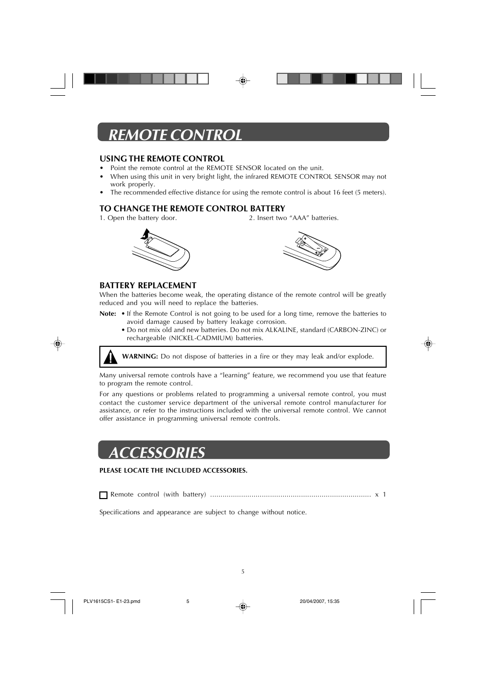 Remote control accessories | Audiovox FPE1507 User Manual | Page 5 / 23