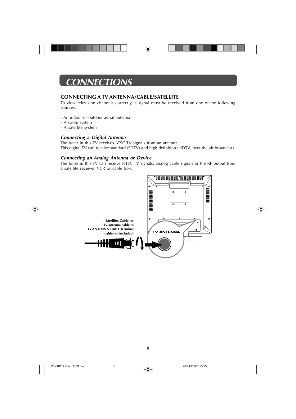 Connections, Connecting a tv antenna/cable/satellite | Audiovox FPE1507 User Manual | Page 8 / 23