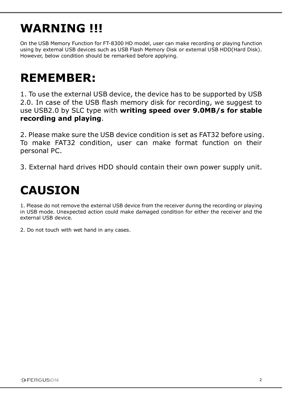 Warning, Remember, Causion | Ferguson FT-8300 HD User Manual | Page 2 / 21