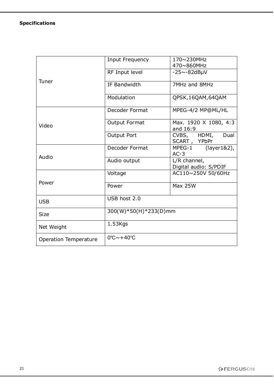 Ferguson FT-8300 HD User Manual | Page 21 / 21