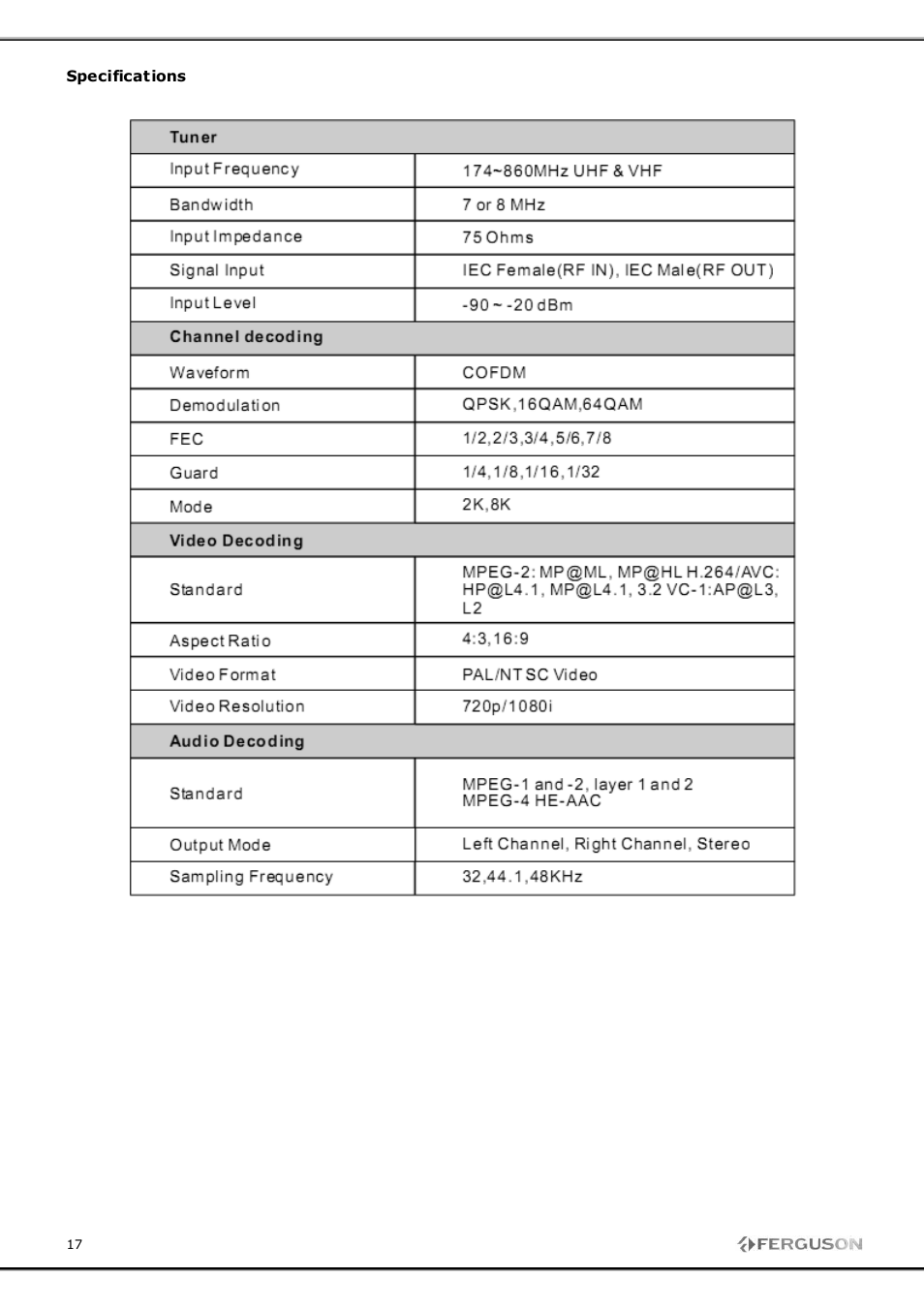 Ferguson FT-8100 HD User Manual | Page 17 / 18