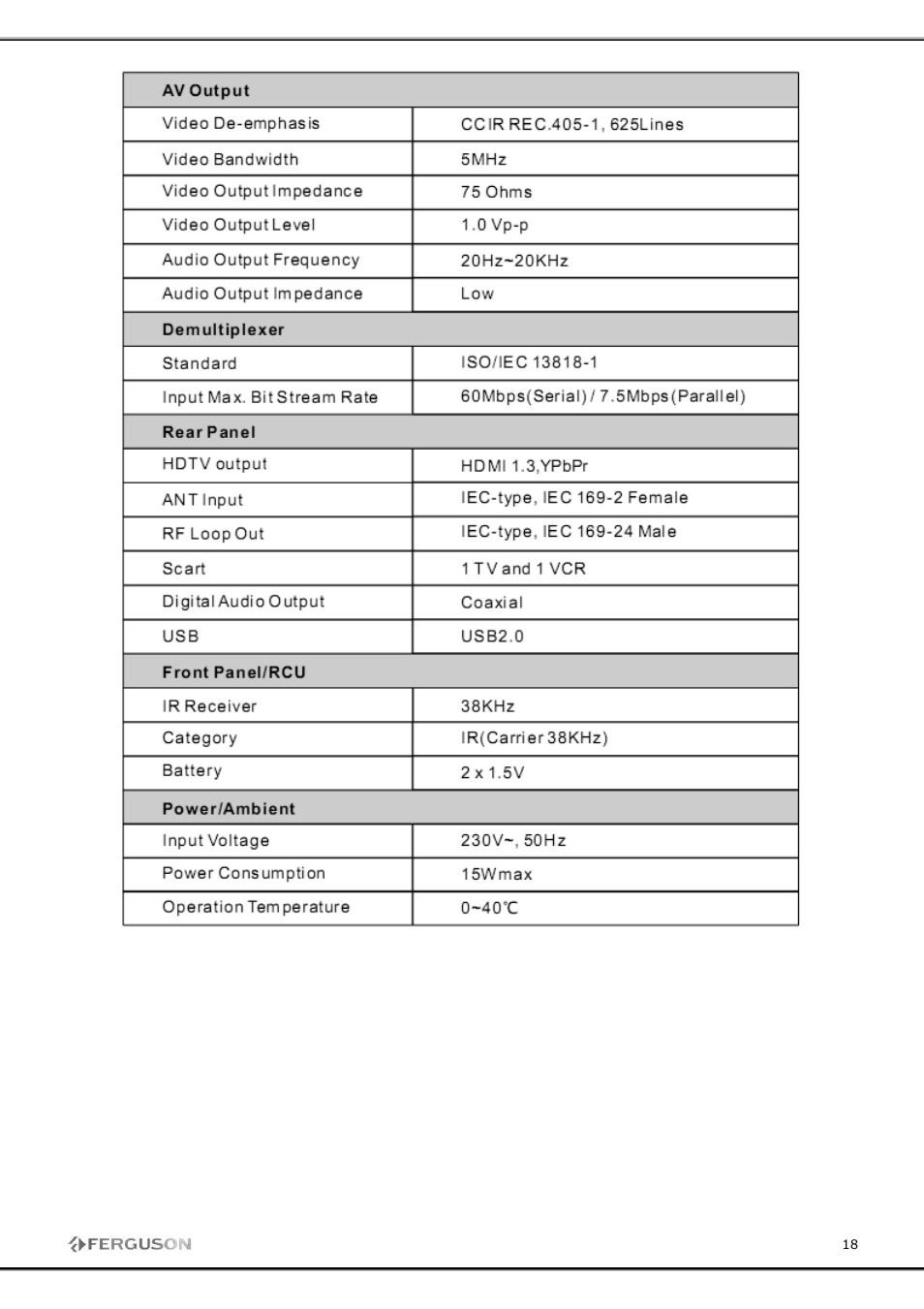 Ferguson FT-8100 HD User Manual | Page 18 / 18