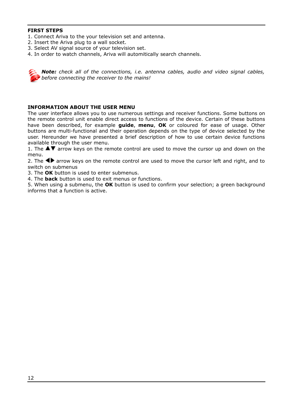 First steps, Information about the user menu | Ferguson Ariva T65mini User Manual | Page 13 / 36