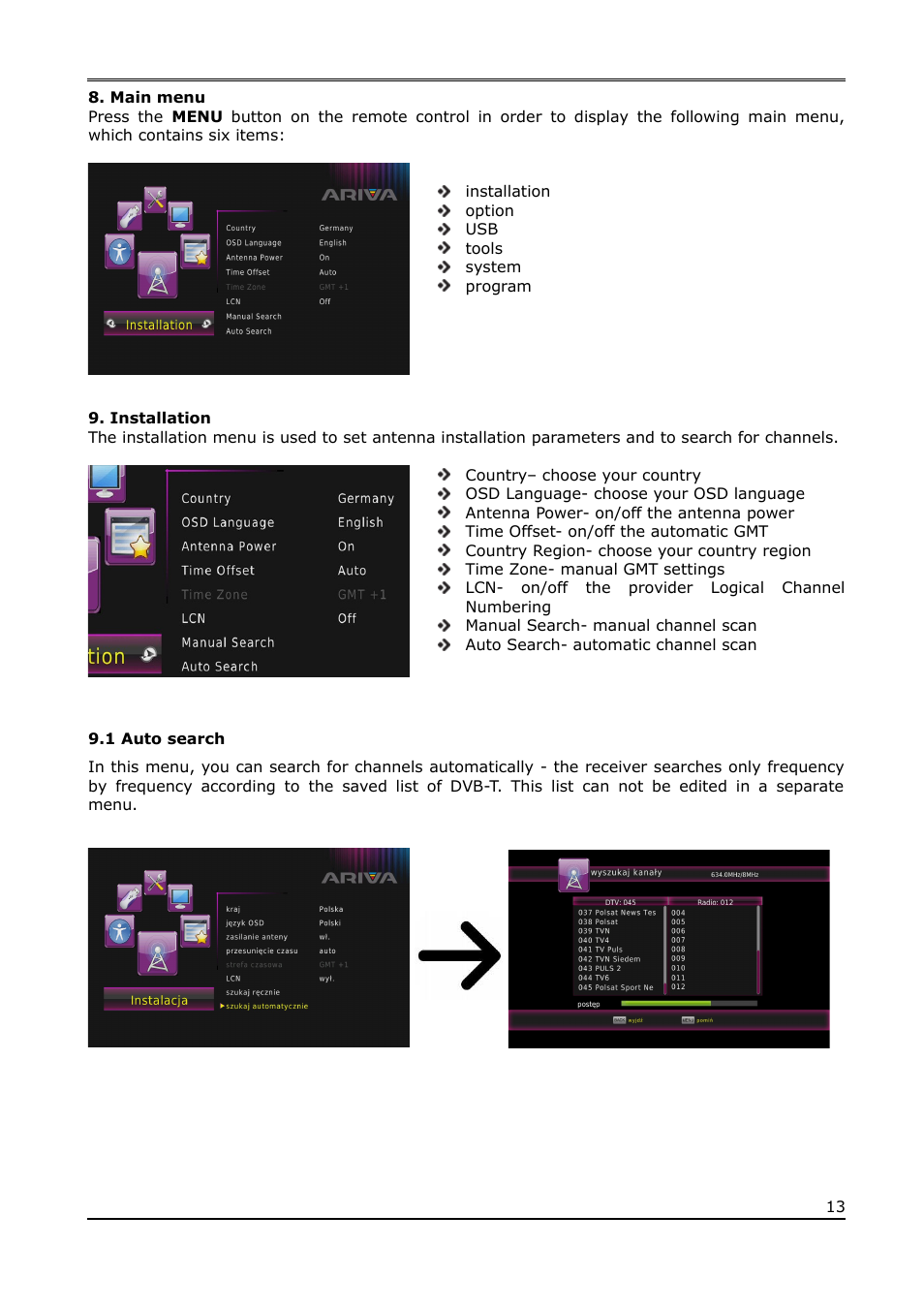 Main menu, Installation, 1 auto search | Ferguson Ariva T65mini User Manual | Page 14 / 36