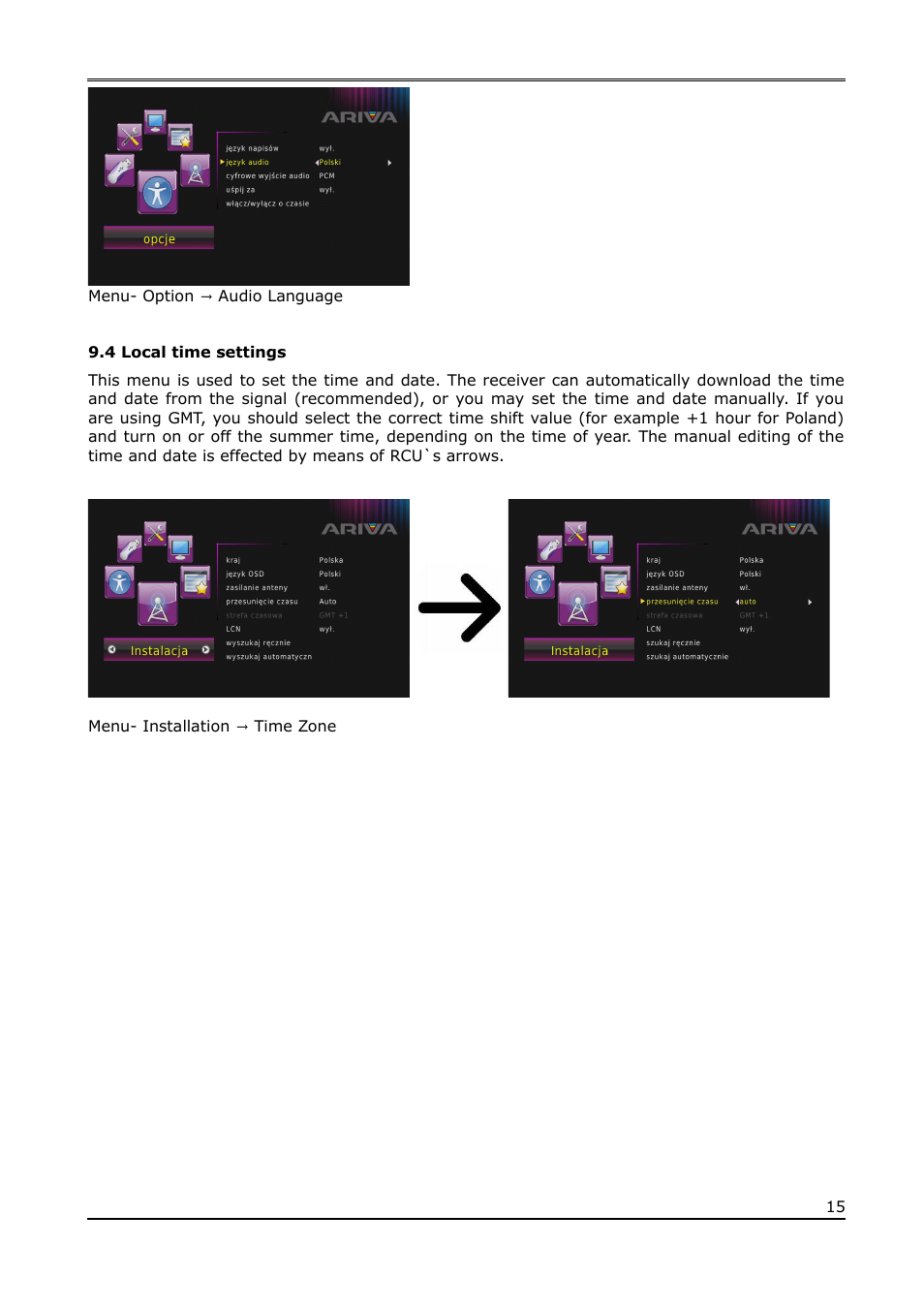4 local time settings, Menu- installation → time zone | Ferguson Ariva T65mini User Manual | Page 16 / 36