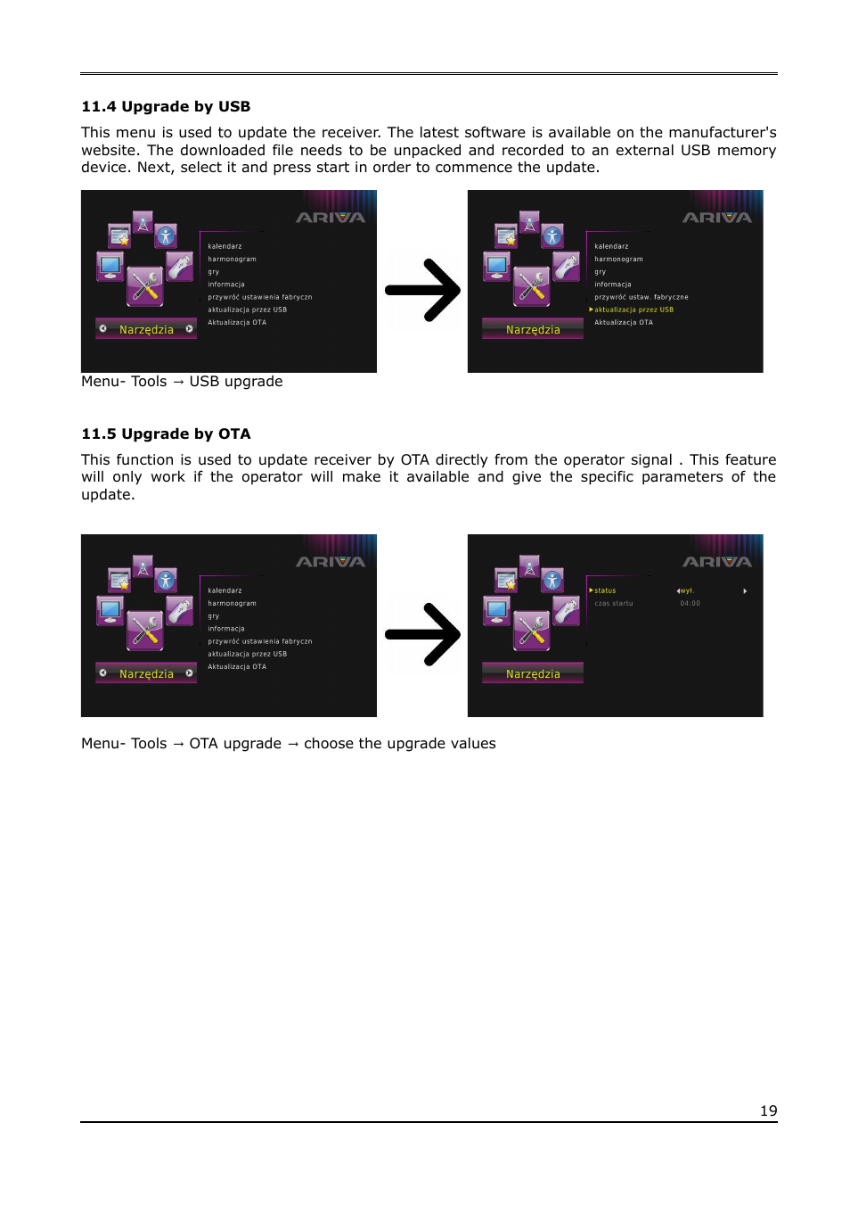 4 upgrade by usb, 5 upgrade by ota | Ferguson Ariva T65mini User Manual | Page 20 / 36