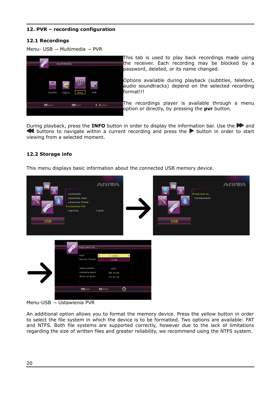 Pvr – recording configuration, 1 recordings, 2 storage info | Ferguson Ariva T65mini User Manual | Page 21 / 36