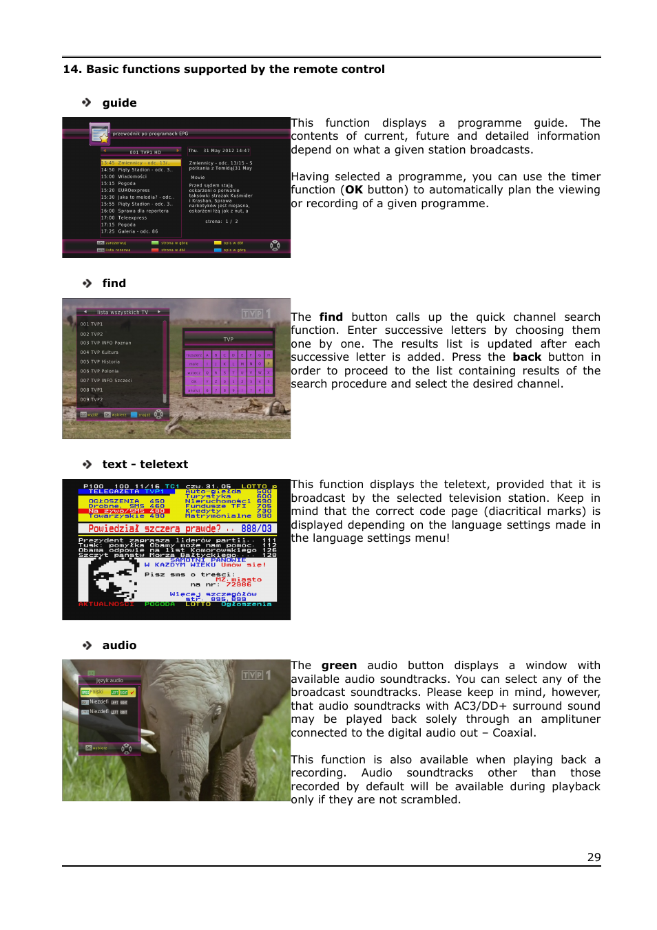 Basic functions supported by the remote control | Ferguson Ariva T65mini User Manual | Page 30 / 36