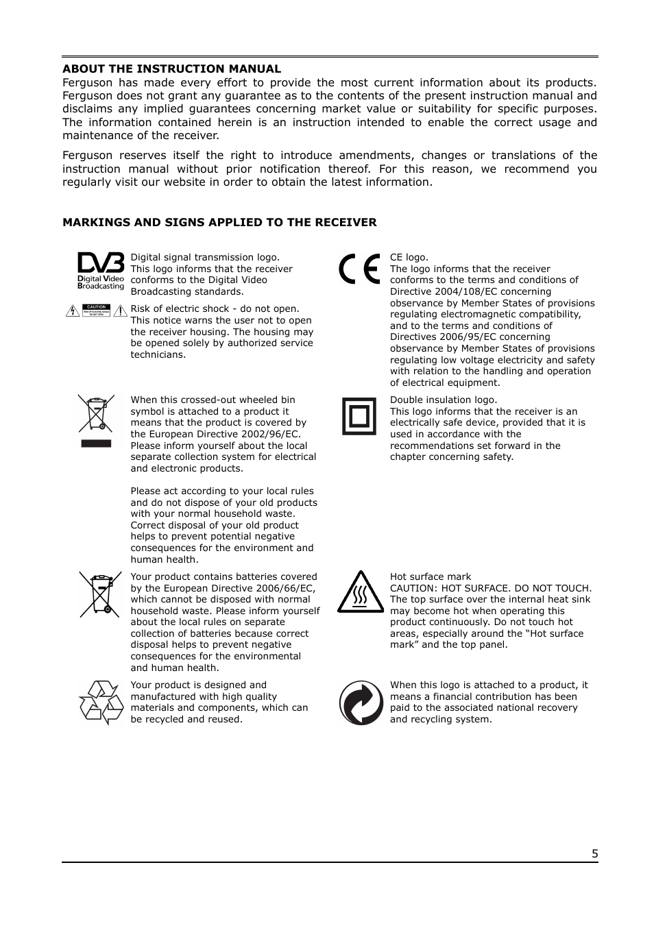 About the instruction manual, Markings and signs applied to the receiver | Ferguson Ariva T65mini User Manual | Page 6 / 36