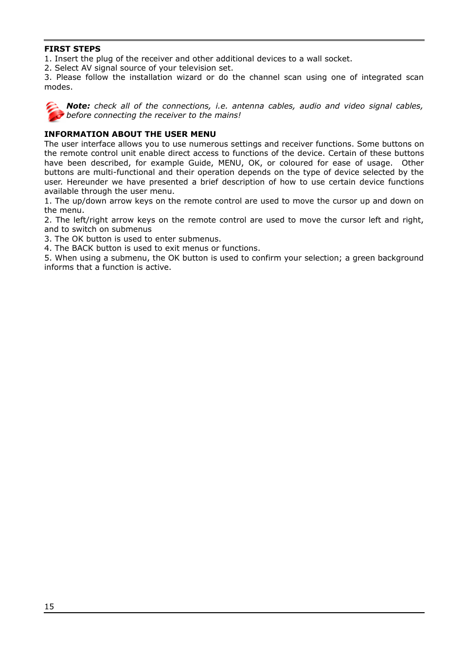 First steps, Information about the user menu | Ferguson Ariva T650i User Manual | Page 15 / 39