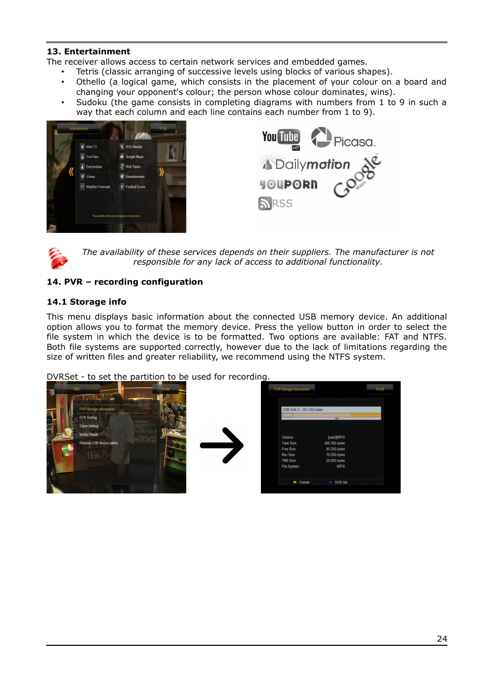 Entertainment, Pvr – recording configuration, 1 storage info | Ferguson Ariva T650i User Manual | Page 24 / 39