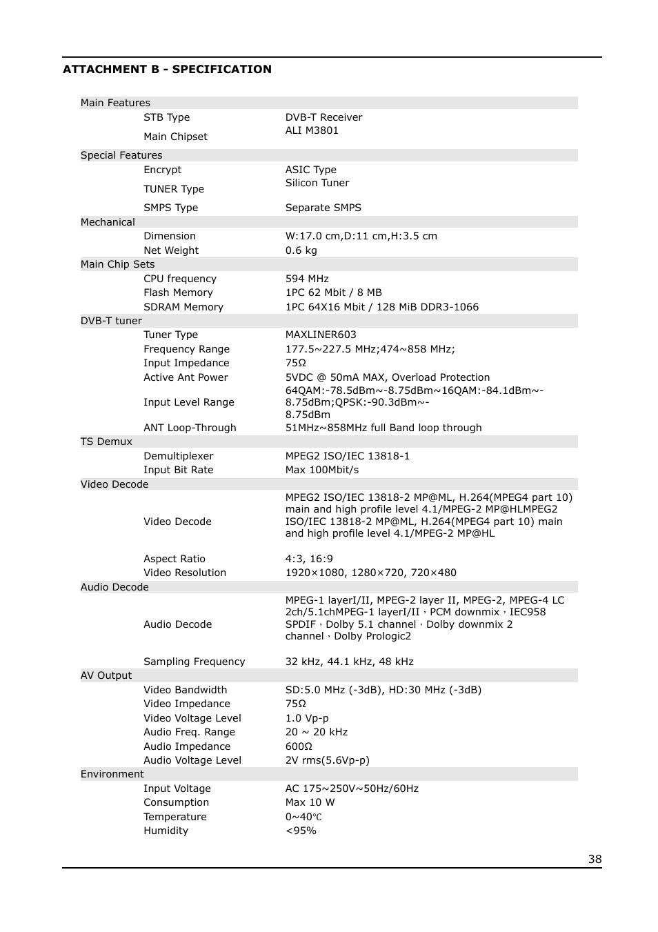 Attachment b - specification | Ferguson Ariva T650i User Manual | Page 38 / 39